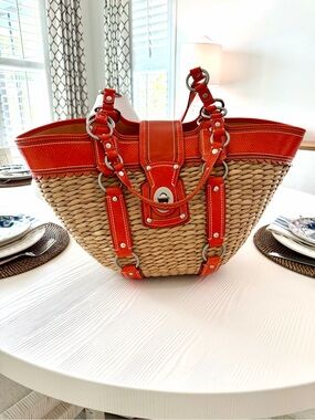 RARE COACH JASMINE LIMITED EDITION XXL BAG/STRAW TOTE GEN.PYTHON & LEATHER TRIM